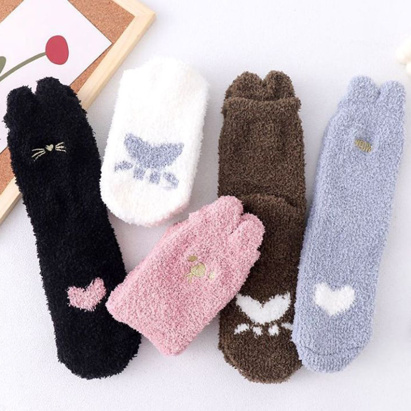 Coral Fleece-strumpor, barns lurviga strumpor i mitten av höst- och vinterkattklor, söt, anti-slip, varm sömn, golvstrumpor